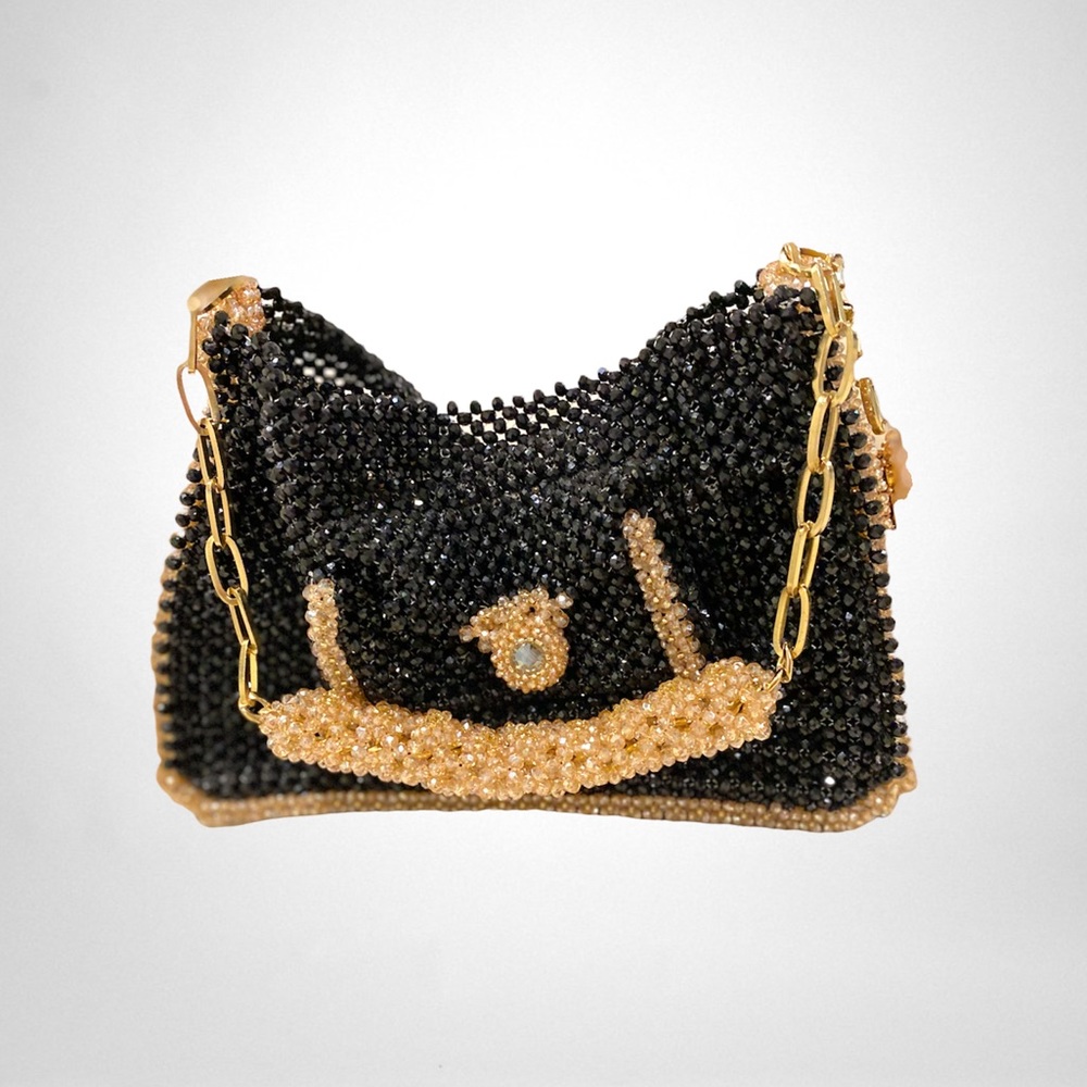 Black Beaded Evening Clutch with Gold Accents